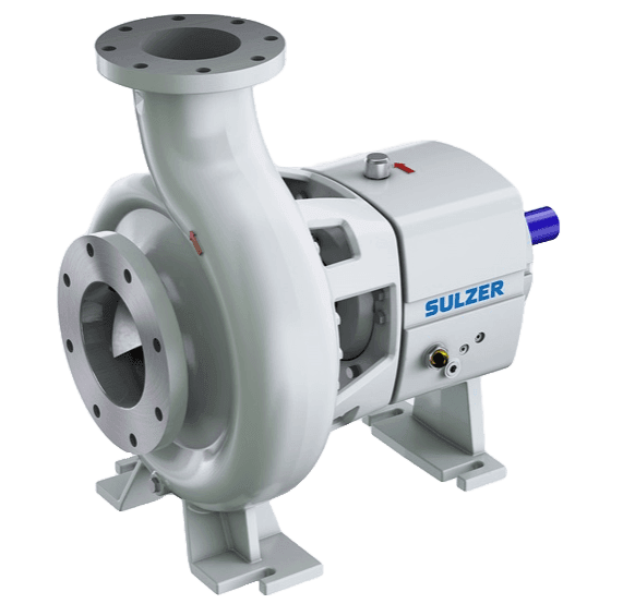 Industrial centrifugal pump with a metallic body and flange connections on a stand.